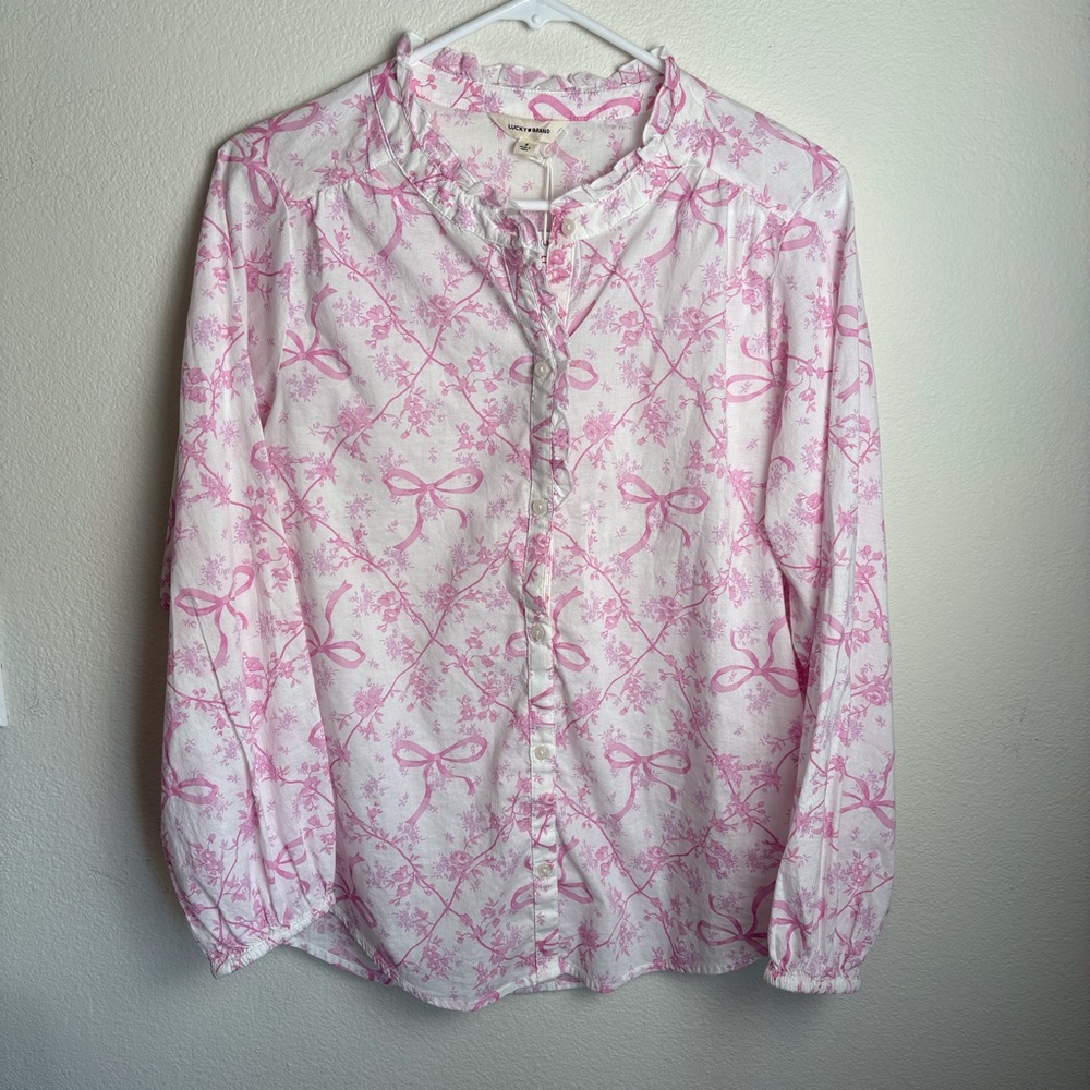 NWT Lucky Brand Pink Bow Floral Toile Ruffle Neck Blouse Cottagecore Small